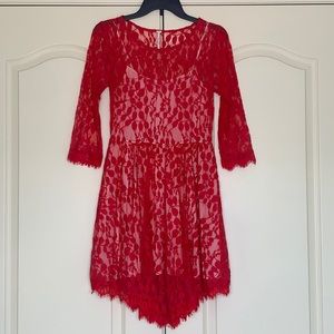 Free People Red lace dress w nude underlay, asymmetrical hem